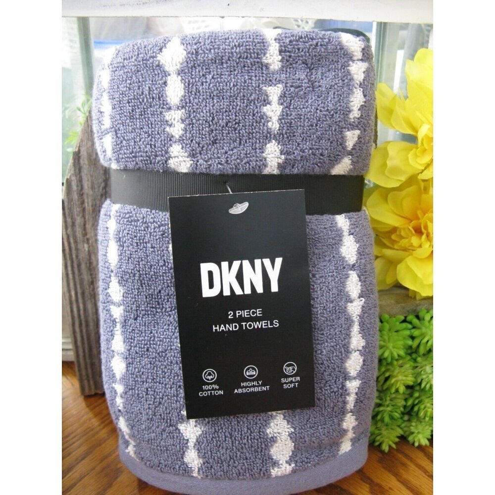 New Donna Karan DKNY Blue w/ White Pattern Stripe Bathroom Hand Towels Set of 2
